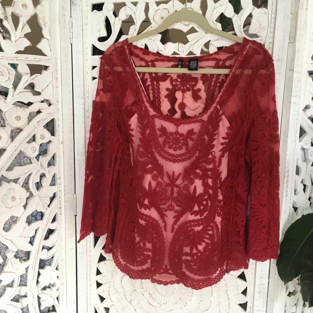 Red embroidered lace top